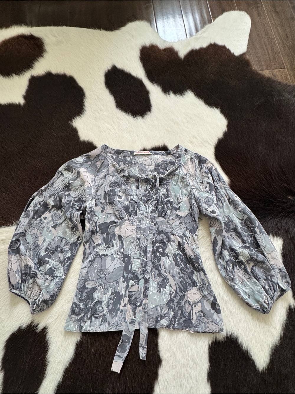 Rebecca Taylor 100% Silk Floral Blouse Tie Neck Puff Sleeve Size 36